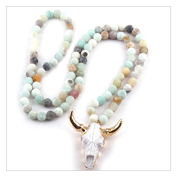 ♦️Last 1♦️ Amazonite Beaded Boho Skull Necklace - Picture 3 of 3